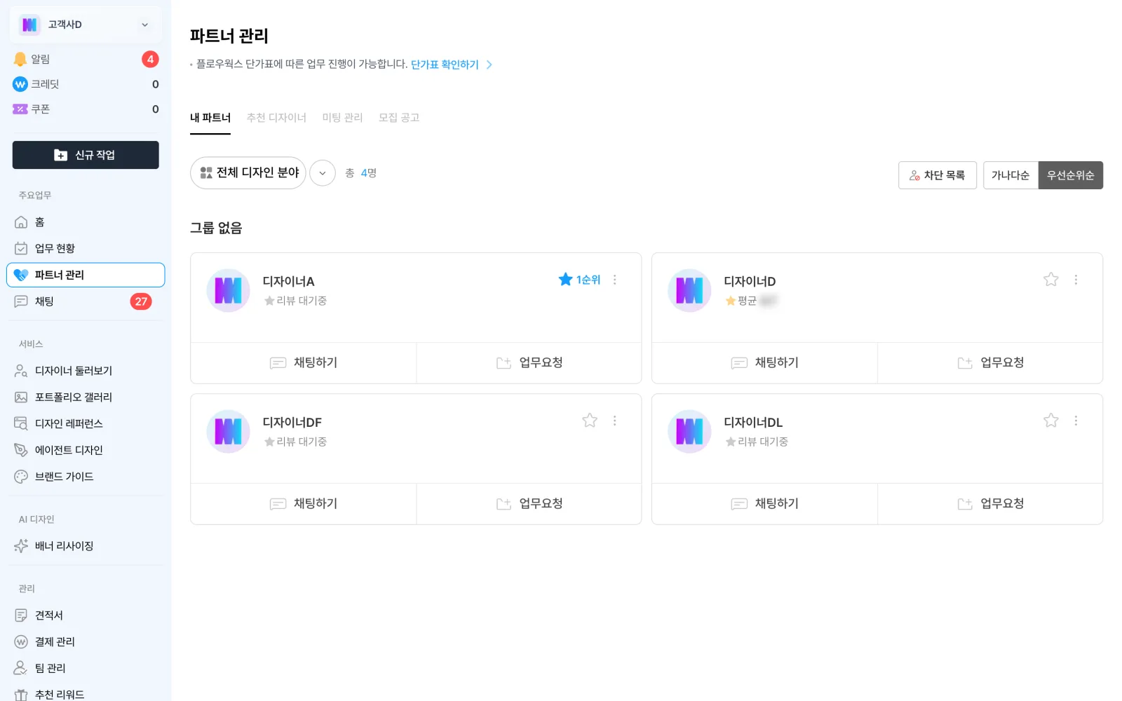 우선순위순으로 정렬한 파트너 목록