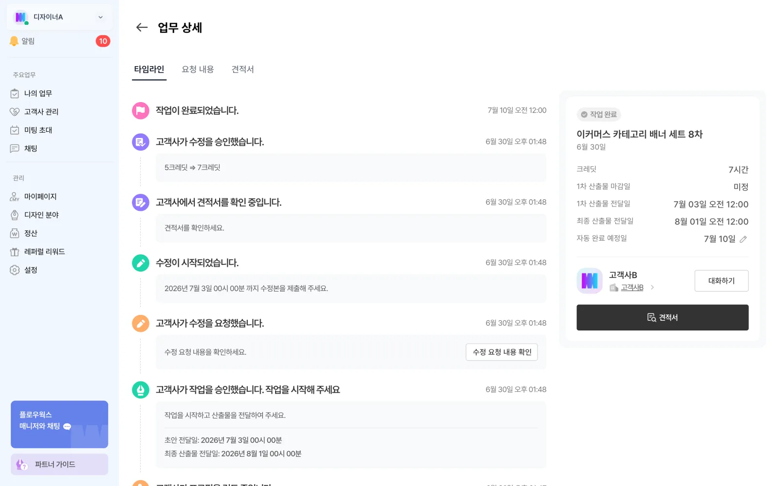 완료된 업무의 진행 내역