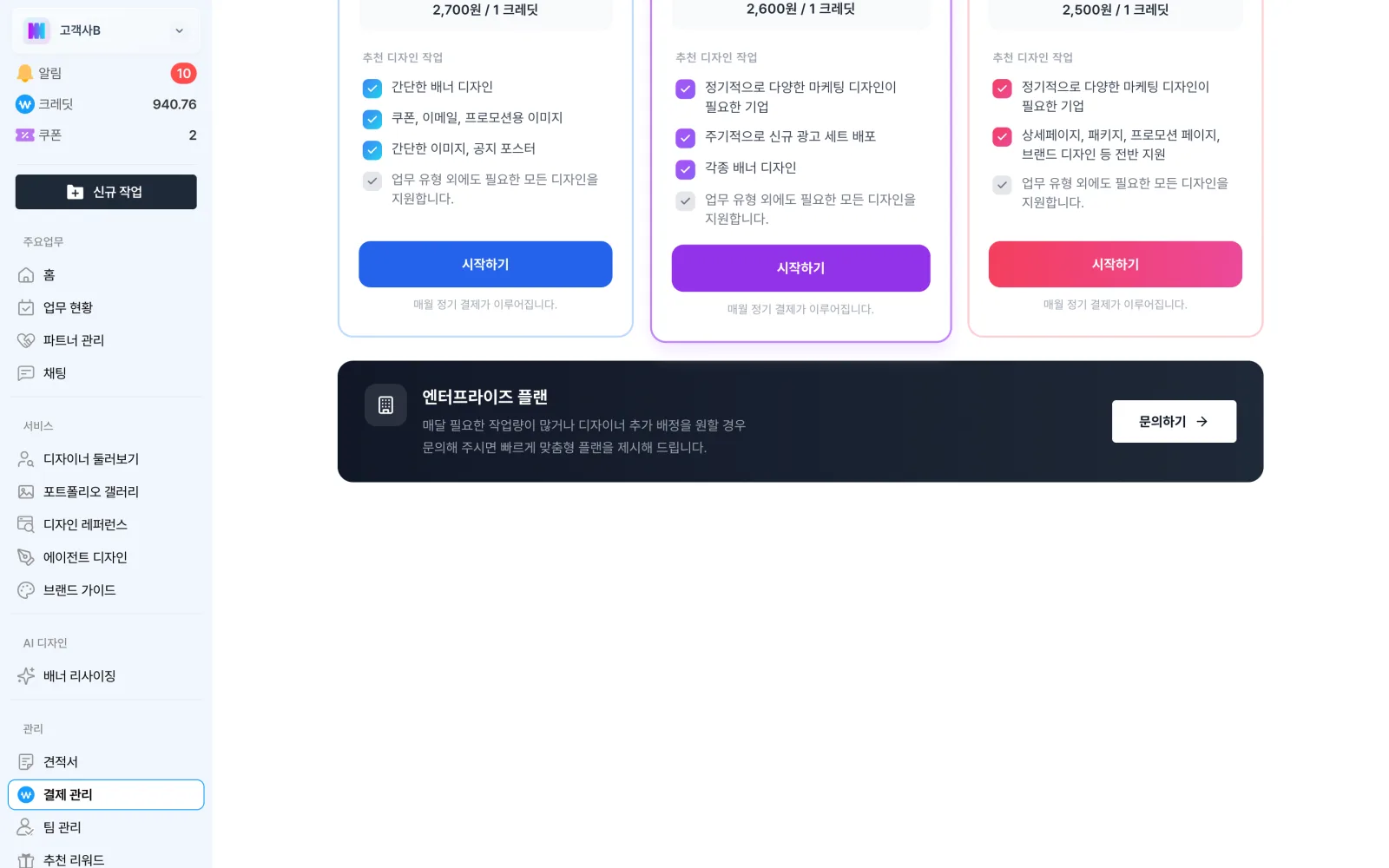 구독 플랜별 제공 크레딧 표